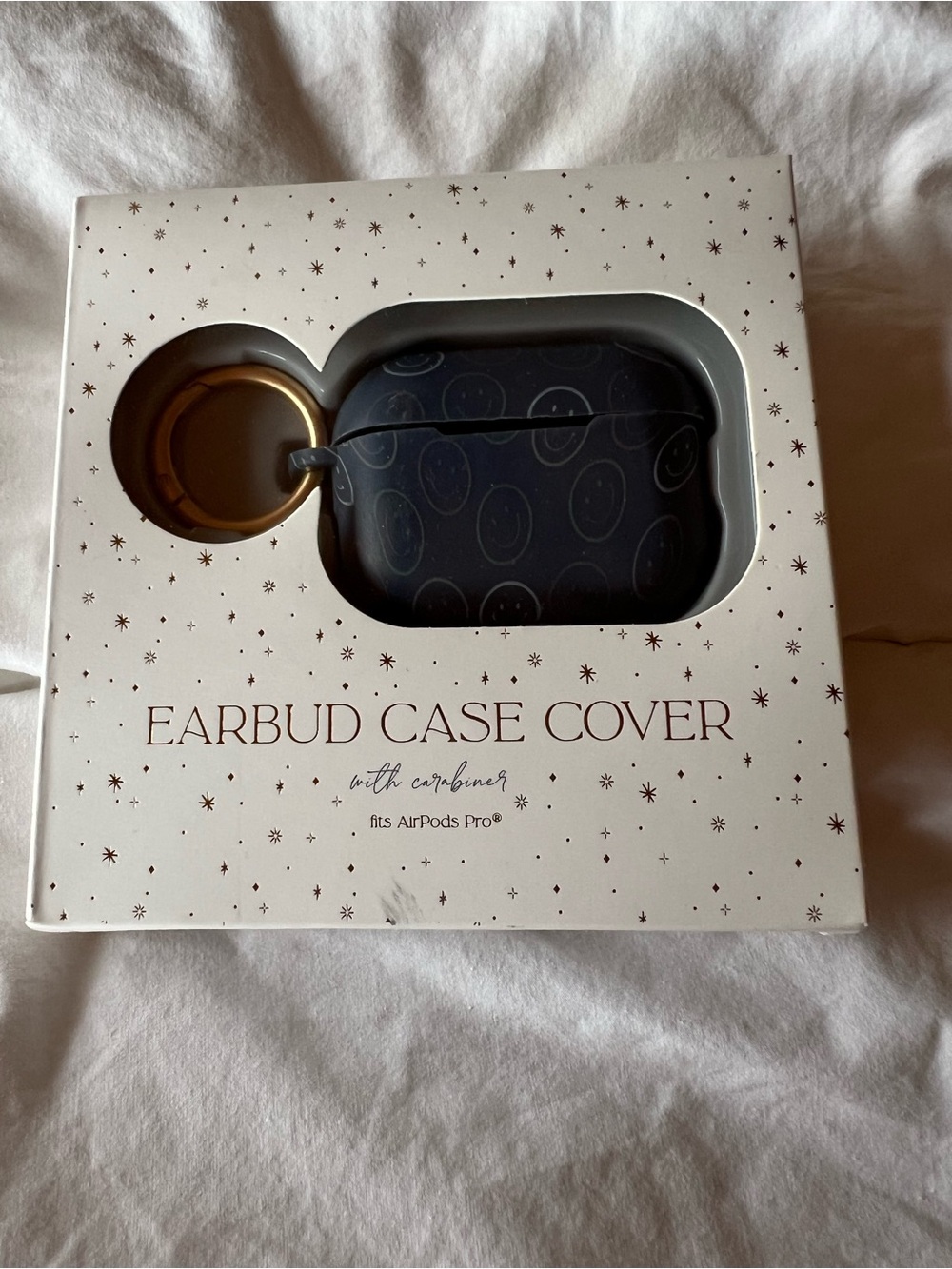 Earbud Case Cover for AirPods Pro - Black Smiley Design with Gold Keyring